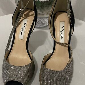 Nina Glitter Peep-Toe Heels - Silver and Black